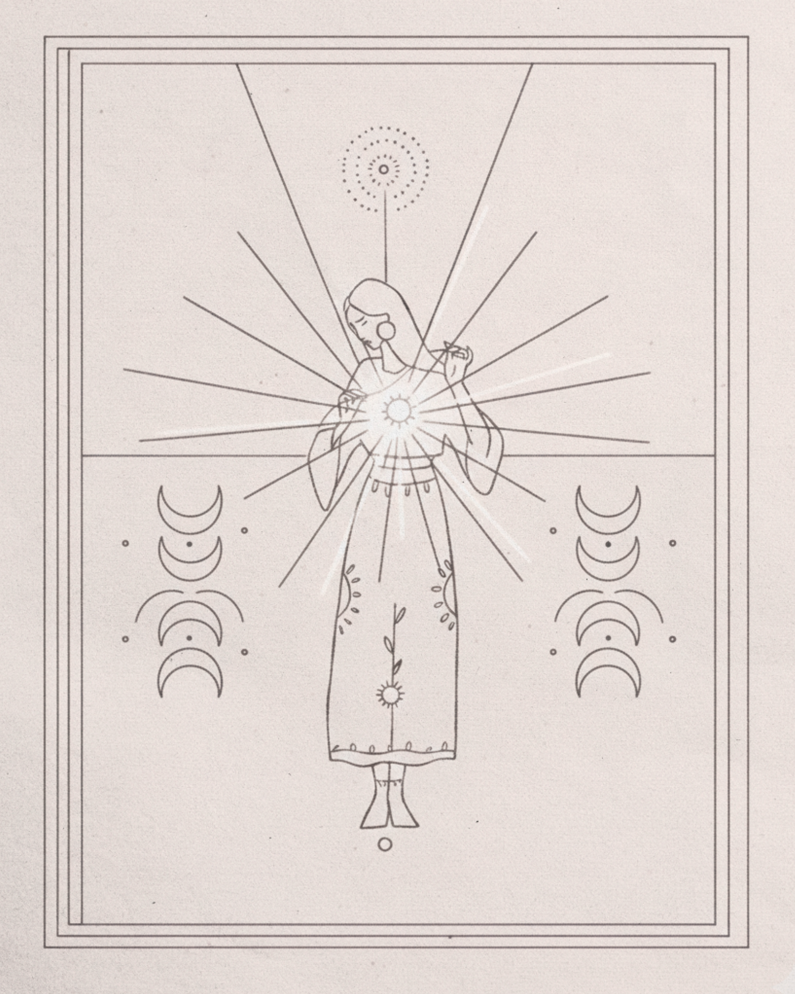 Minimalist fine-line illustration of a woman calling her energy back into her heart, symbolizing presence, embodiment, and spiritual coherence.